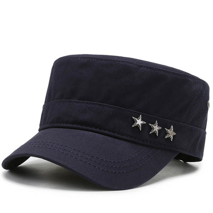 Cotton Flat Top Military Cap – Rivet Five-Star Peaked Hat | Adjustable Fit - Urban Caps 