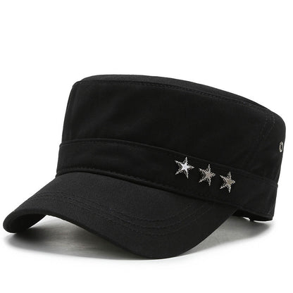 Cotton Flat Top Military Cap – Rivet Five-Star Peaked Hat | Adjustable Fit - Urban Caps 