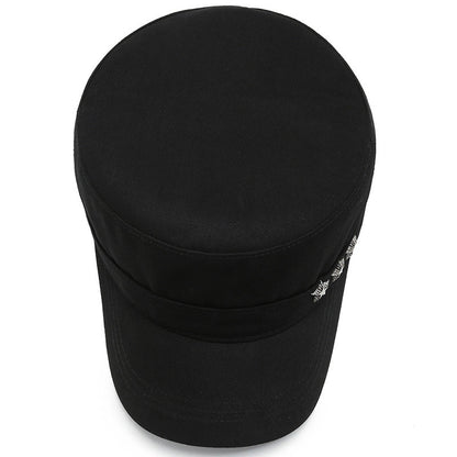 Cotton Flat Top Military Cap – Rivet Five-Star Peaked Hat | Adjustable Fit - Urban Caps 