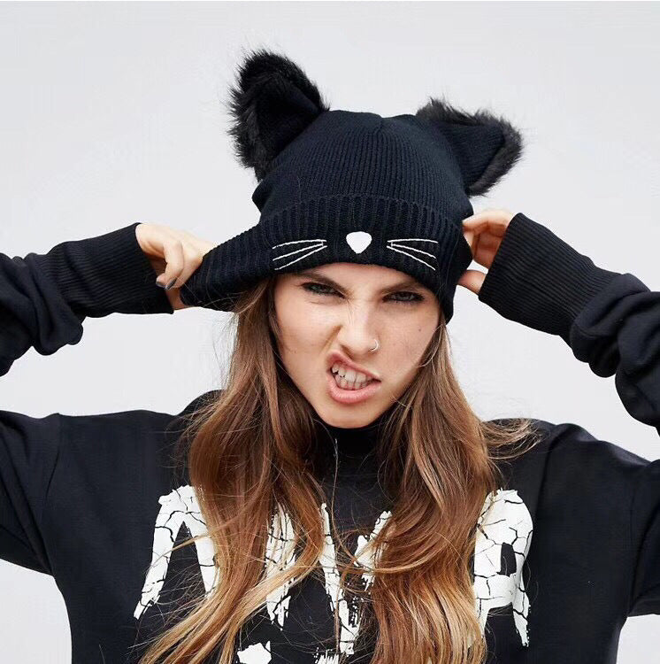 Ladies Casual Cat Embroidery Woolen Hat - Urban Caps 