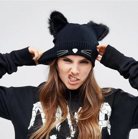 Ladies Casual Cat Embroidery Woolen Hat - Urban Caps 