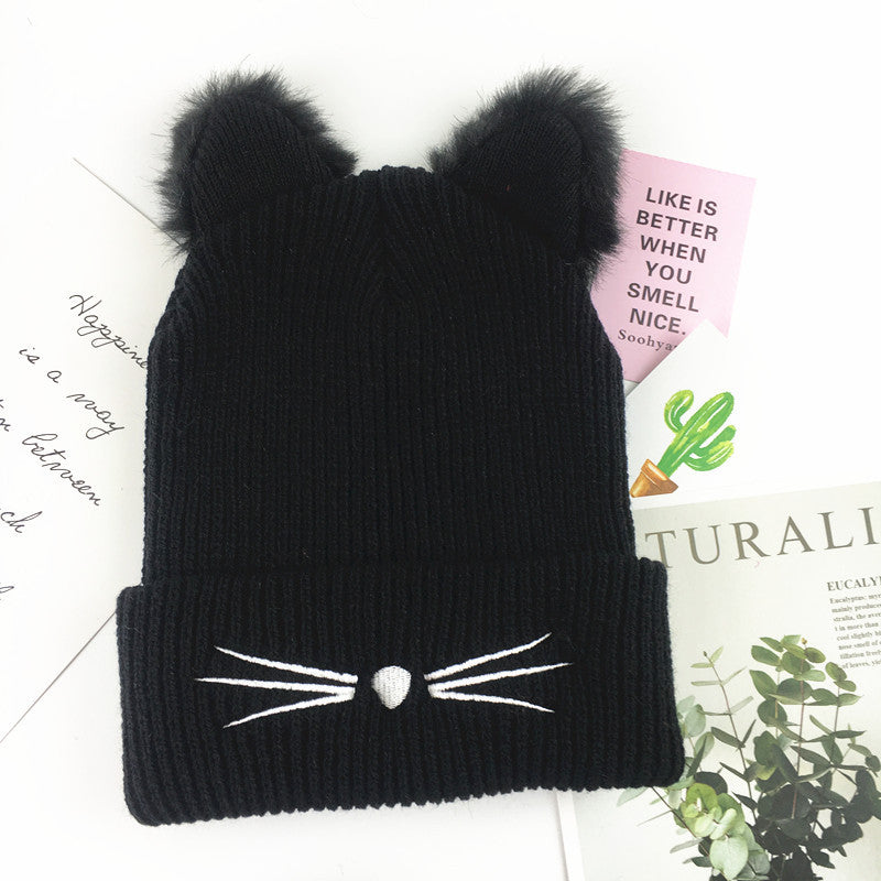 Ladies Casual Cat Embroidery Woolen Hat - Urban Caps 