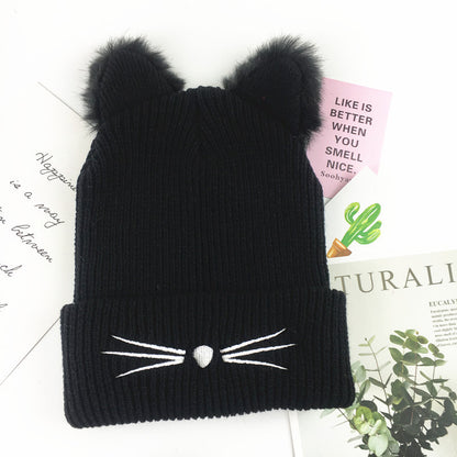 Ladies Casual Cat Embroidery Woolen Hat - Urban Caps 