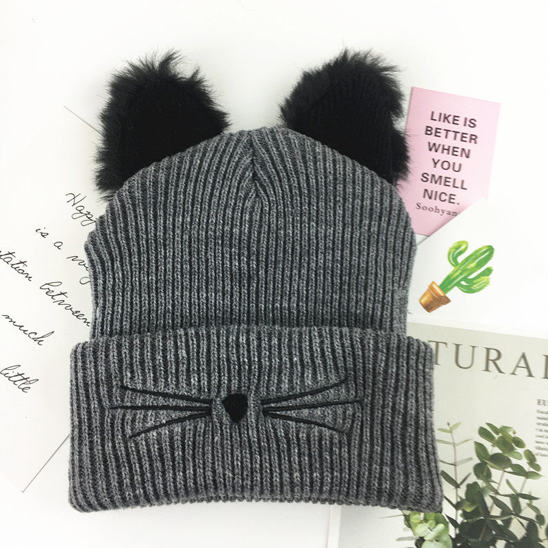 Ladies Casual Cat Embroidery Woolen Hat - Urban Caps 