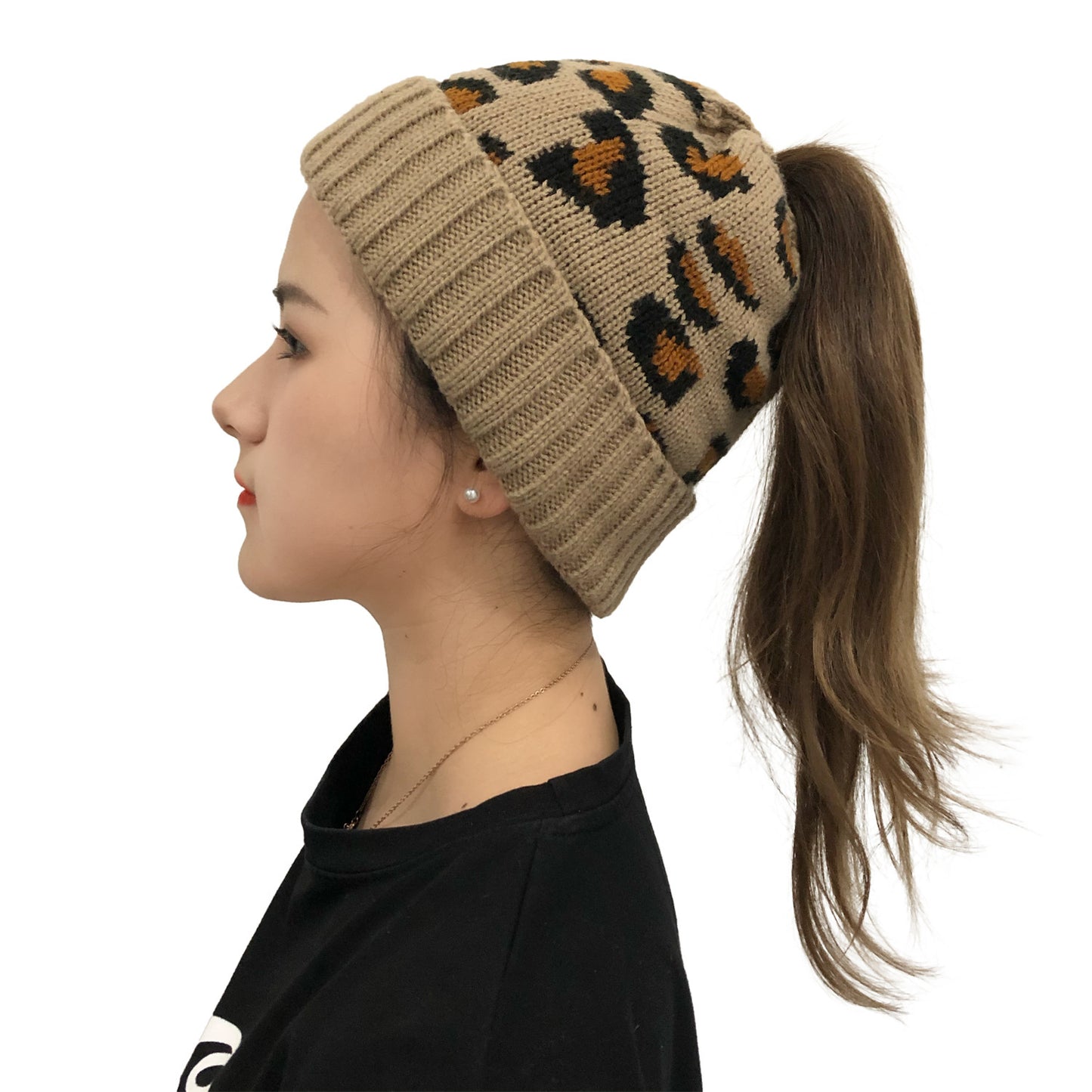 Leopard Jacquard Ponytail Knitted Woolen Hat - Urban Caps 