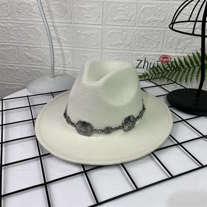 Hat Silver Square Chain Top Hat Wide Brim Flat Edge Woolen Fedora Hat - Urban Caps 