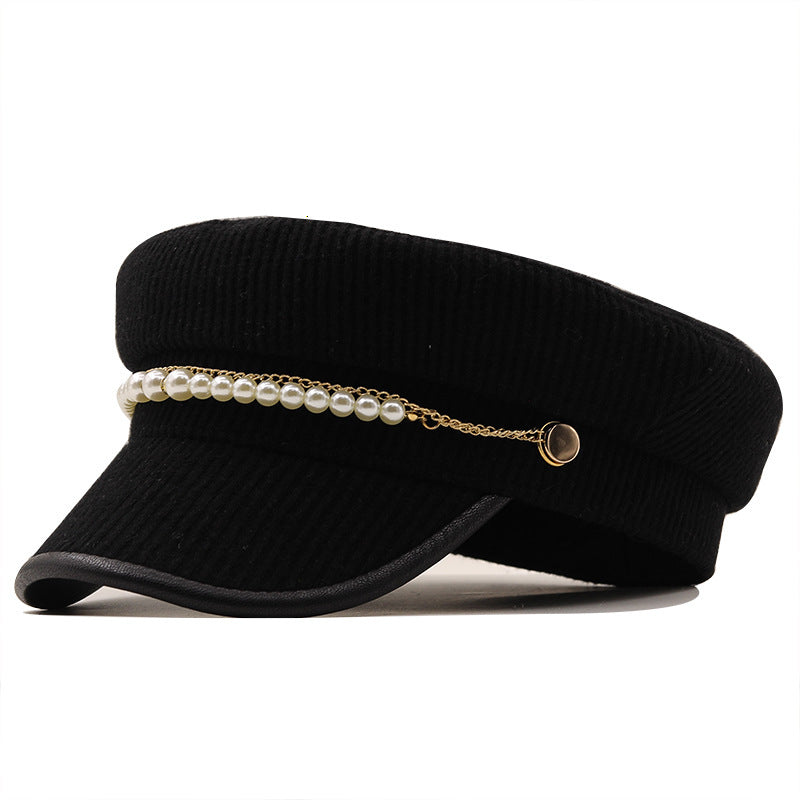 Solid Color Pearl Chain Korean Style Peaked Beret Cap - Urban Caps 