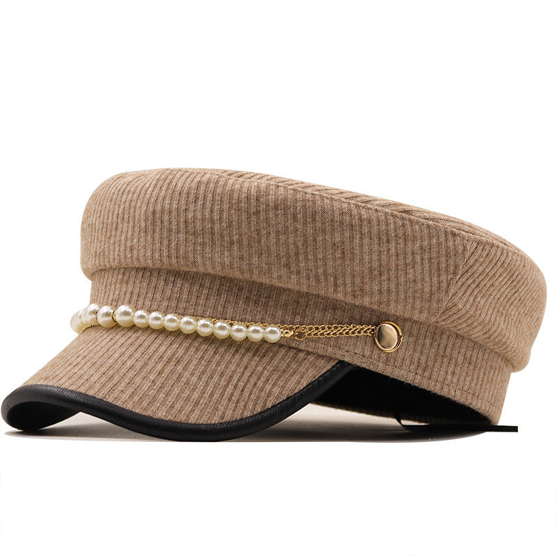 Solid Color Pearl Chain Korean Style Peaked Beret Cap - Urban Caps 