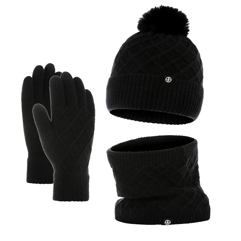 Autumn And Winter Hat Scarf Gloves Knitted Hat Amazon Outdoor Fleece-lined Warm Fur Ball Thickened Woolen Cap Three-piece Set - Urban Caps 