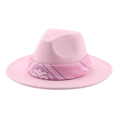 Paisley Ribbon Wide Brim Woolen Top Hat Felt Cowboy Hat - Urban Caps 