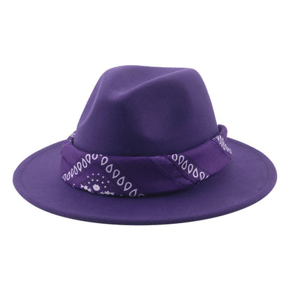 Paisley Ribbon Wide Brim Woolen Top Hat Felt Cowboy Hat - Urban Caps 
