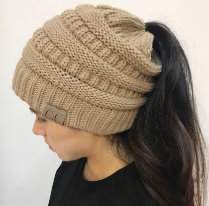 Cable Knit Fuzzy Lined High Bun Beanie - Urban Caps 