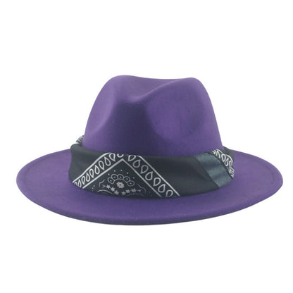 Paisley Ribbon Wide Brim Woolen Top Hat Felt Cowboy Hat - Urban Caps 