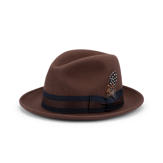 Clark Fedora Hat – Australian Wool Felt, Satin Lined with Grosgrain Band and Feather