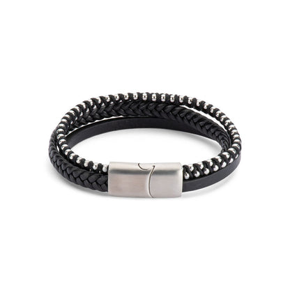 Men’s Leather and Stainless Steel Bracelet – Magnetic Clasp with Flinders Etching