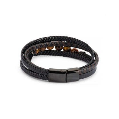 Men’s Leather and Stainless Steel Bracelet – Magnetic Clasp with Flinders Etching