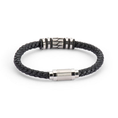 Men’s Leather and Stainless Steel Bracelet – Magnetic Clasp with Flinders Etching