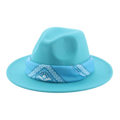 Paisley Ribbon Wide Brim Woolen Top Hat Felt Cowboy Hat - Urban Caps 