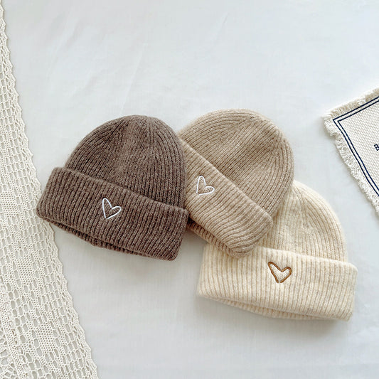 Heart Embroidery Solid Color Children Woolen Knitted Hat - Urban Caps 