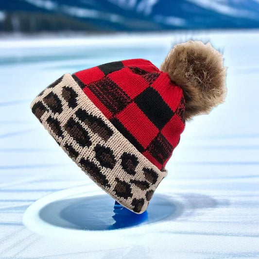 Plaid Fur Ball Knitted Hat Women's Warm Beanie Hat Jacquard Hat Woolen Cap Sleeve Cap - Urban Caps 