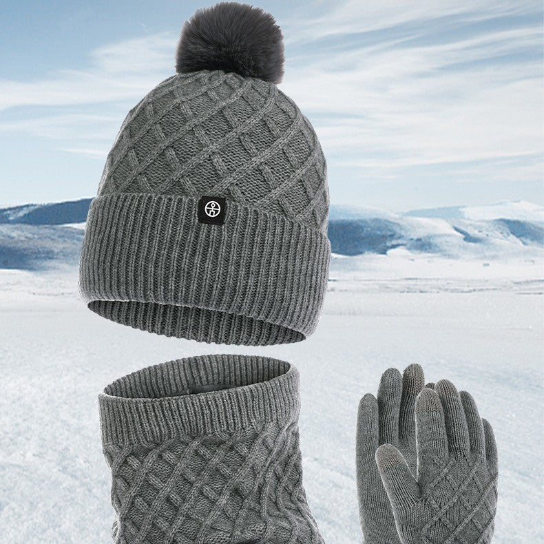 Autumn And Winter Hat Scarf Gloves Knitted Hat Amazon Outdoor Fleece-lined Warm Fur Ball Thickened Woolen Cap Three-piece Set - Urban Caps 