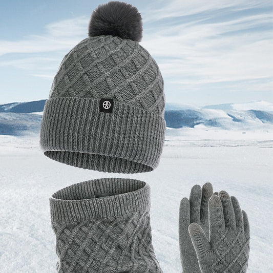 Autumn And Winter Hat Scarf Gloves Knitted Hat Amazon Outdoor Fleece-lined Warm Fur Ball Thickened Woolen Cap Three-piece Set - Urban Caps 