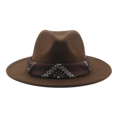 Paisley Ribbon Wide Brim Woolen Top Hat Felt Cowboy Hat - Urban Caps 