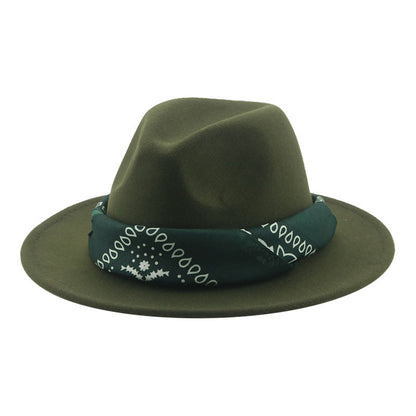 Paisley Ribbon Wide Brim Woolen Top Hat Felt Cowboy Hat - Urban Caps 