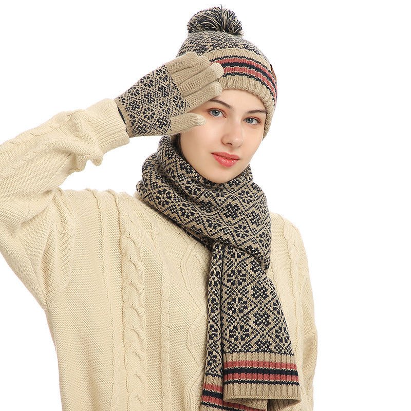 3 - Piece Winter Warm Set – Knit Hat, Scarf & Gloves with Nordic Snowflake Design - Urban Caps