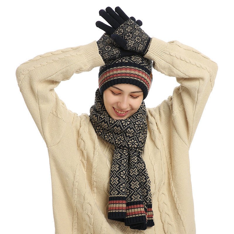 3 - Piece Winter Warm Set – Knit Hat, Scarf & Gloves with Nordic Snowflake Design - Urban Caps