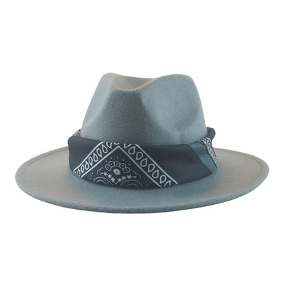 Paisley Ribbon Wide Brim Woolen Top Hat Felt Cowboy Hat - Urban Caps 