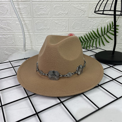 Hat Silver Square Chain Top Hat Wide Brim Flat Edge Woolen Fedora Hat - Urban Caps 