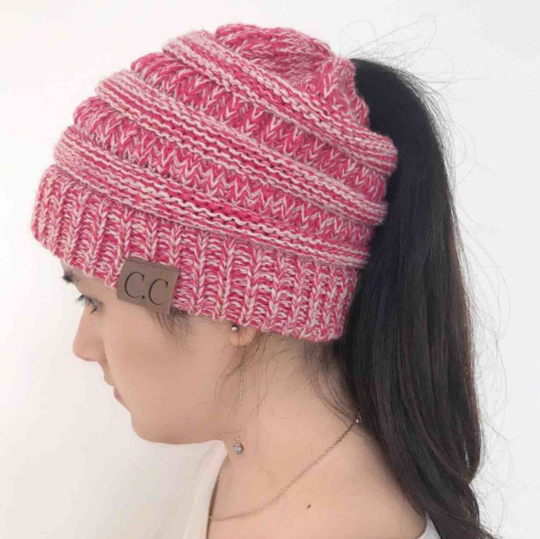 Cable Knit Fuzzy Lined High Bun Beanie