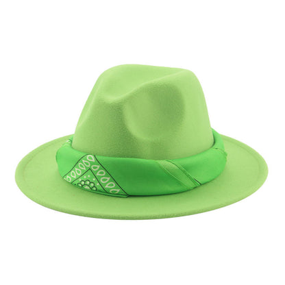 Paisley Ribbon Wide Brim Woolen Top Hat Felt Cowboy Hat - Urban Caps 