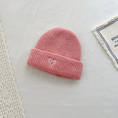 Heart Embroidery Solid Color Children Woolen Knitted Hat - Urban Caps 