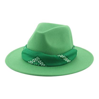 Paisley Ribbon Wide Brim Woolen Top Hat Felt Cowboy Hat - Urban Caps 