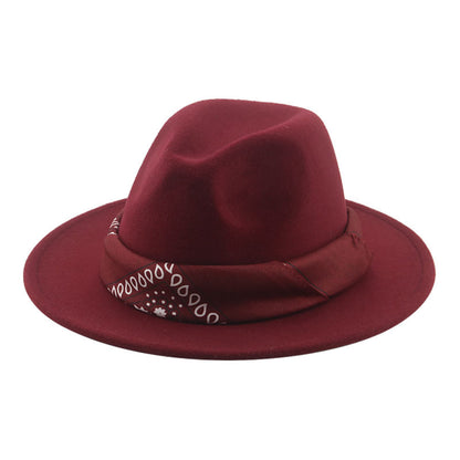 Paisley Ribbon Wide Brim Woolen Top Hat Felt Cowboy Hat - Urban Caps 