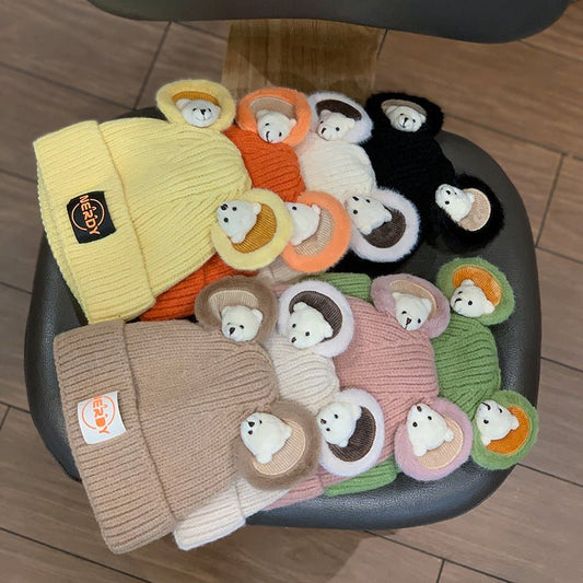 3D Bear Knit Beanie – Thick Woolen Winter Hat with Cute Ear Design for Women - Urban Caps