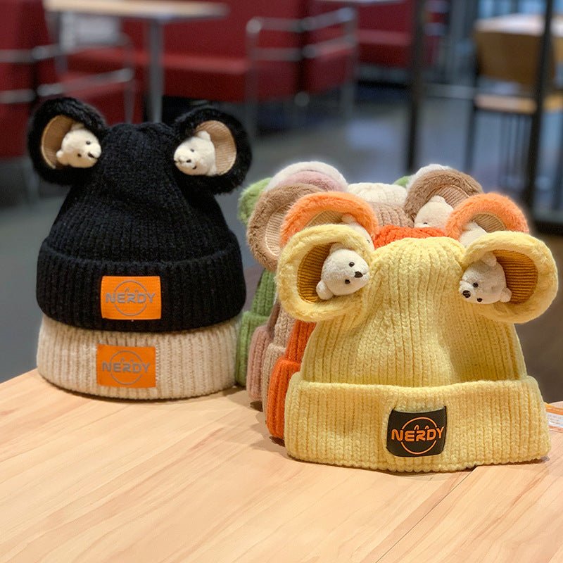 3D Bear Knit Beanie – Thick Woolen Winter Hat with Cute Ear Design for Women - Urban Caps