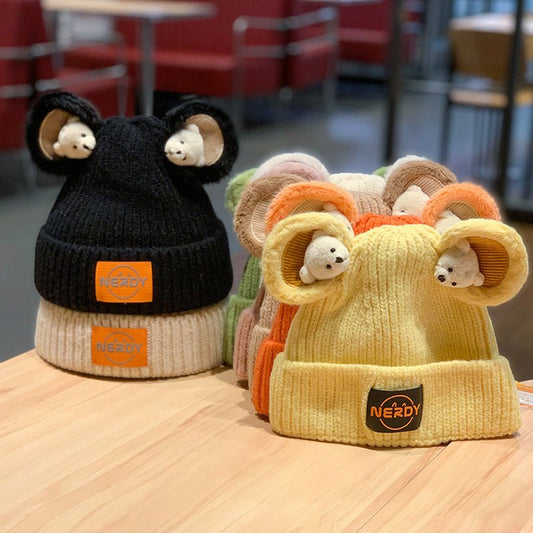 3D Bear Knit Beanie – Thick Woolen Winter Hat with Cute Ear Design for Women - Urban Caps
