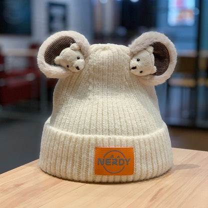 3D Bear Knit Beanie – Thick Woolen Winter Hat with Cute Ear Design for Women - Urban Caps