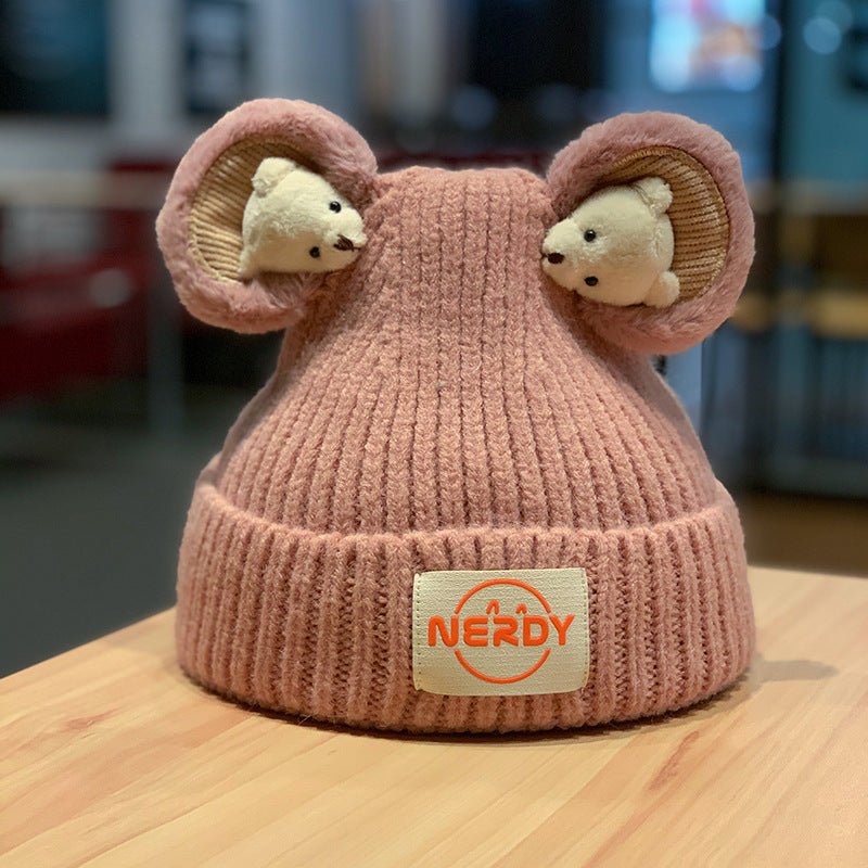 3D Bear Knit Beanie – Thick Woolen Winter Hat with Cute Ear Design for Women - Urban Caps