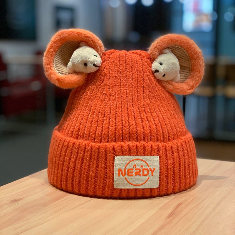 3D Bear Knit Beanie – Thick Woolen Winter Hat with Cute Ear Design for Women - Urban Caps