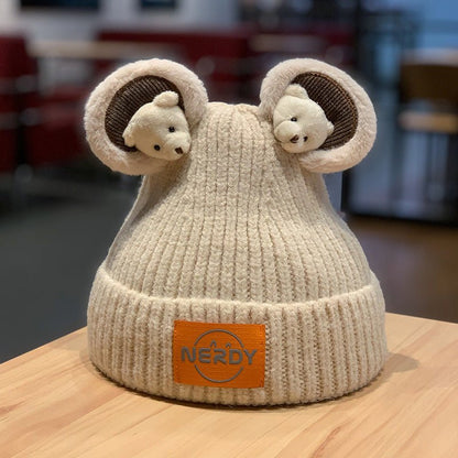 3D Bear Knit Beanie – Thick Woolen Winter Hat with Cute Ear Design for Women - Urban Caps
