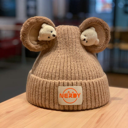 3D Bear Knit Beanie – Thick Woolen Winter Hat with Cute Ear Design for Women - Urban Caps