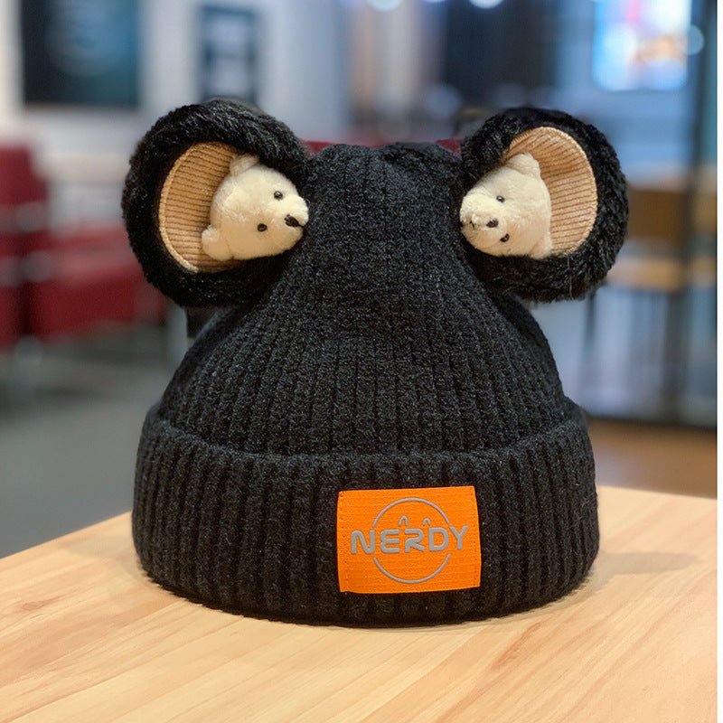 3D Bear Knit Beanie – Thick Woolen Winter Hat with Cute Ear Design for Women - Urban Caps
