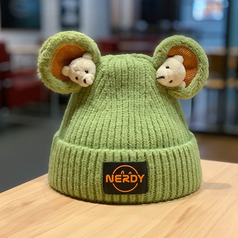 3D Bear Knit Beanie – Thick Woolen Winter Hat with Cute Ear Design for Women - Urban Caps