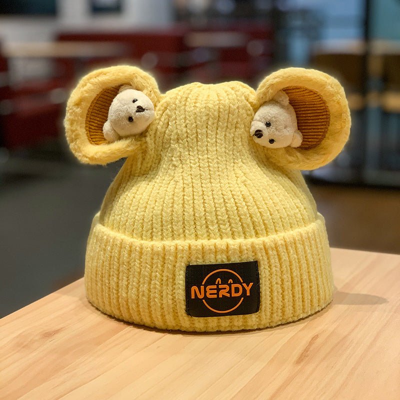 3D Bear Knit Beanie – Thick Woolen Winter Hat with Cute Ear Design for Women - Urban Caps