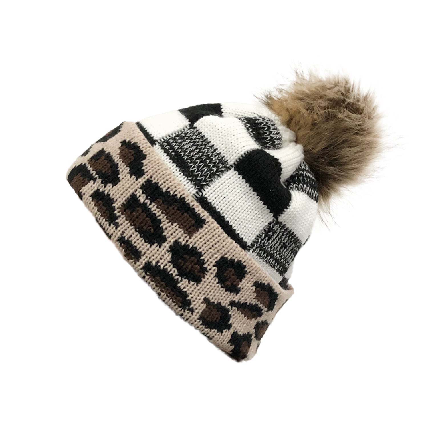 Plaid Fur Ball Knitted Hat Women's Warm Beanie Hat Jacquard Hat Woolen Cap Sleeve Cap - Urban Caps 