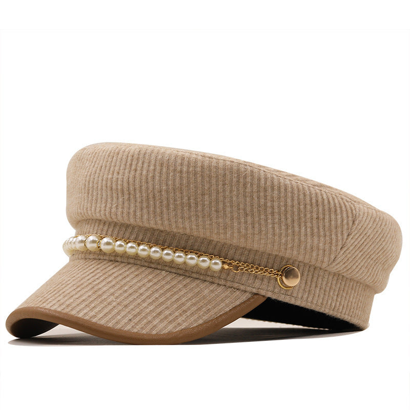 Solid Color Pearl Chain Korean Style Peaked Beret Cap - Urban Caps 